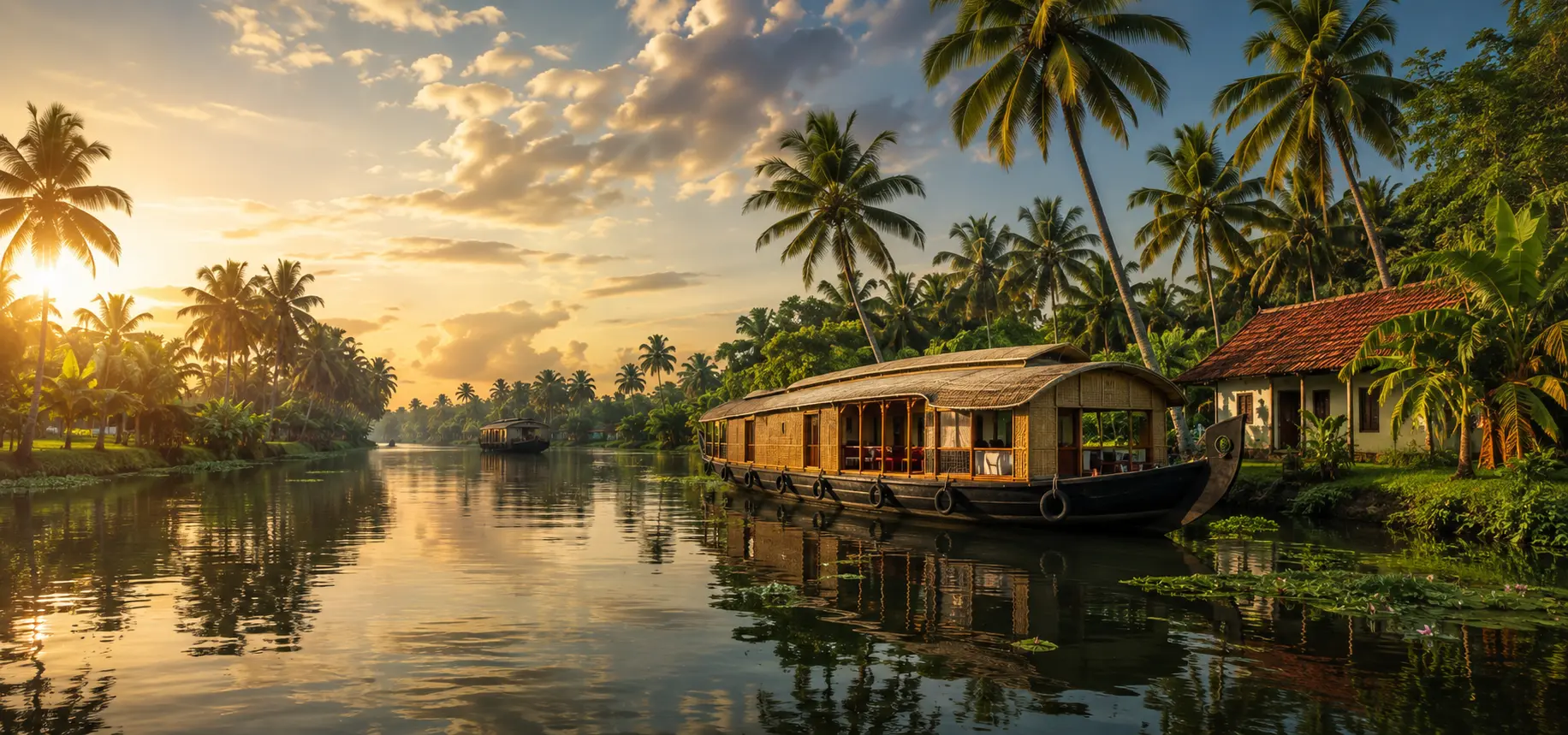 Kerala backwaters and palm-lined waterways